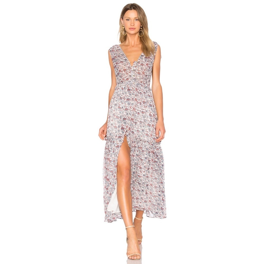 Ulla Johnson Chantelle Floral Tiered Silk Deep V Neck Button Down Maxi Dress